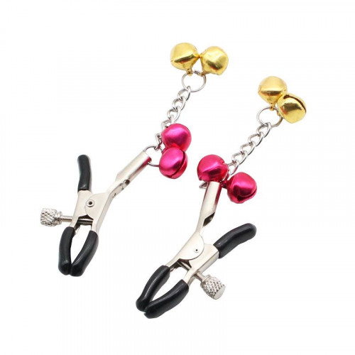 Adjustable Nipple Clamps -Soft Rubber Metal Tweezer Nipple Clamps with Gold Bell, Fetish Breast Clit Sensual Bondage Two Nipple Clip