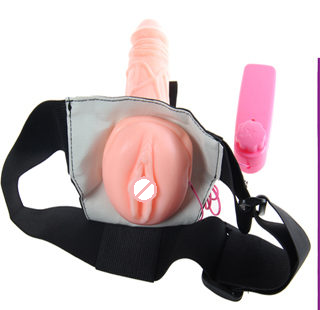 7 Inch Vibrating Strap-On Dildo With Hollow And Attached Pussy