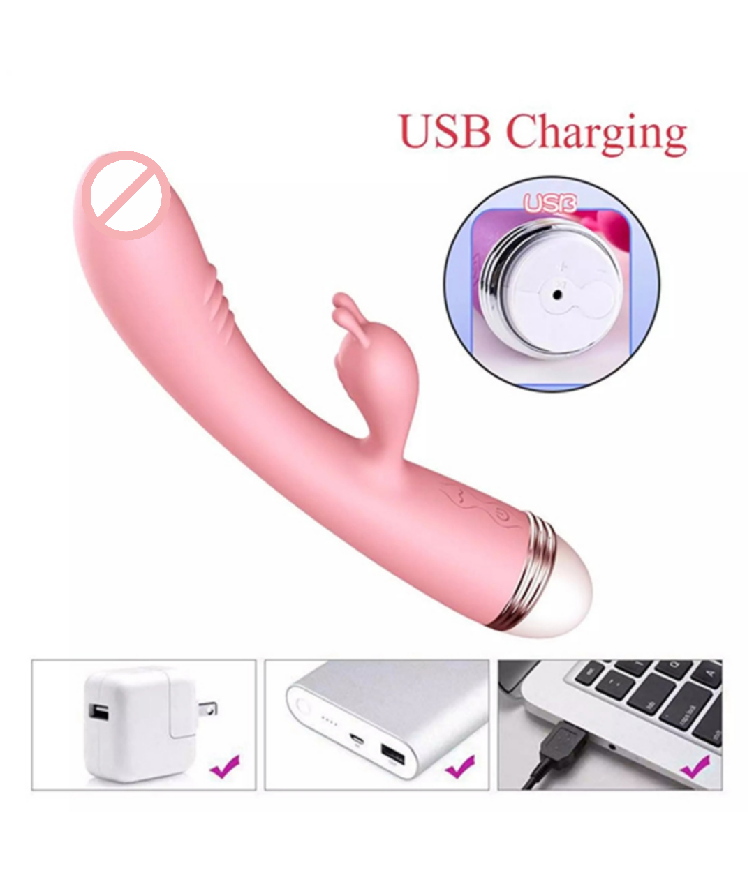 G-Spot Rabbit Double Vibrator Pink, Waterproof, USB charging