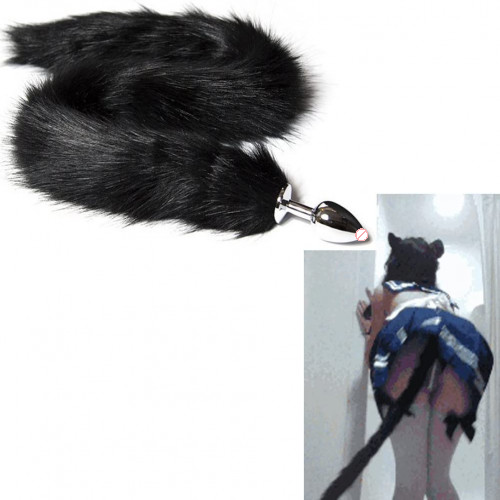 Stainless Steel Soft Black Fur Fox Tail Butt Plug